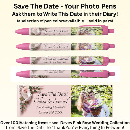 Caneta Preta Save The Date - Photo + Pink Roses & Doves Wedding