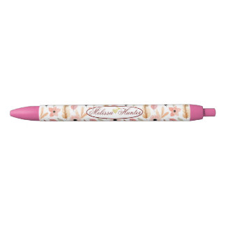Caneta Preta Script de Nome de Padrão de Aquarela Floral Girly