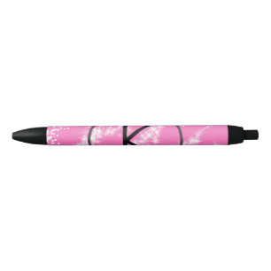 Caneta Preta selo de água com brilho rosa monograma branco mini