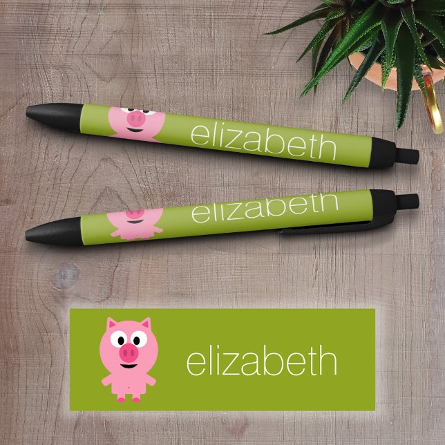 Caneta Preta Suíno de Fazenda de Cartoon - Rosa e Verde limão (Personalized writing pens - Add your text )