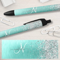 Teal Brugado Metal Silver Glitter Nome Monograma