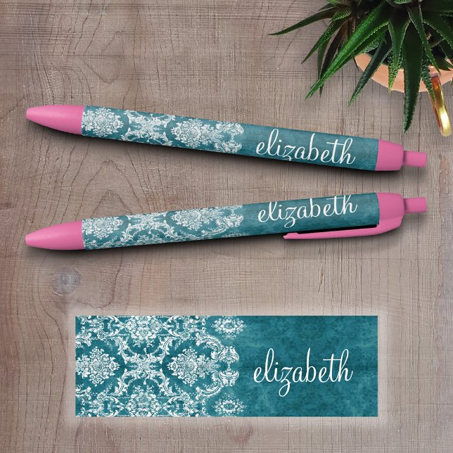 Caneta Preta Texto Personalizado da Cor damasco Turquesa Grungy (Personalized Writing Pens)