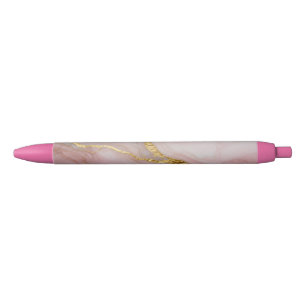 Caneta Preta Textura de mármore dourado e rosa