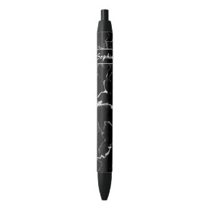 Caneta Preta Textura de mármore preto falso com nome personaliz