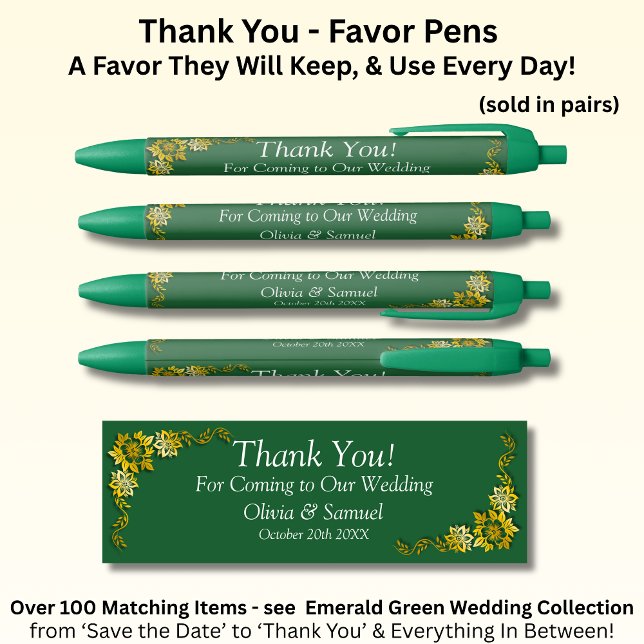 Caneta Preta Thank You, Emerald Green & Gold Wedding  (Criador carregado)