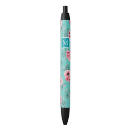 Caneta Preta Tília | Monograma Floral Rosa e Verde