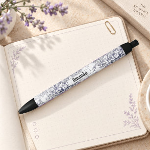 Caneta Preta Toile de Jouy floral preto vintage monograma