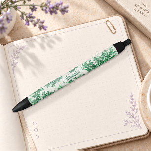 Caneta Preta Toile de Jouy floral verde vintage monograma