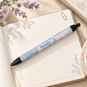 Caneta Preta Toile de Jouy monograma floral azul turquesa vinta