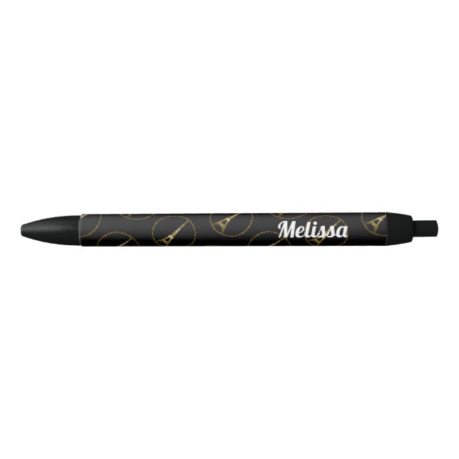 Caneta Preta Torre Eiffel brilho dourado brilhos Personalize (Frente)