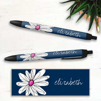 Caneta Preta Trendy Daisy Floral Illustração - marinho e rosa