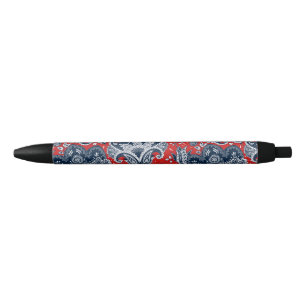 Caneta Preta Vermelho Branco e Azul Floral Paisley Bohemian Boh