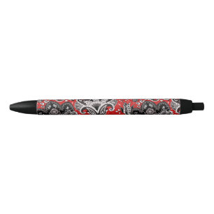 Caneta Preta Vermelho Preto e Branco Floral Paisley Boêmio Boho