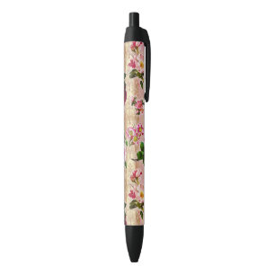 Caneta Preta Vintage Dourada Rosas Rosa Rosa Damask