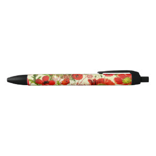 Caneta Preta Vintage Red Green Poppies Verão Wilflower