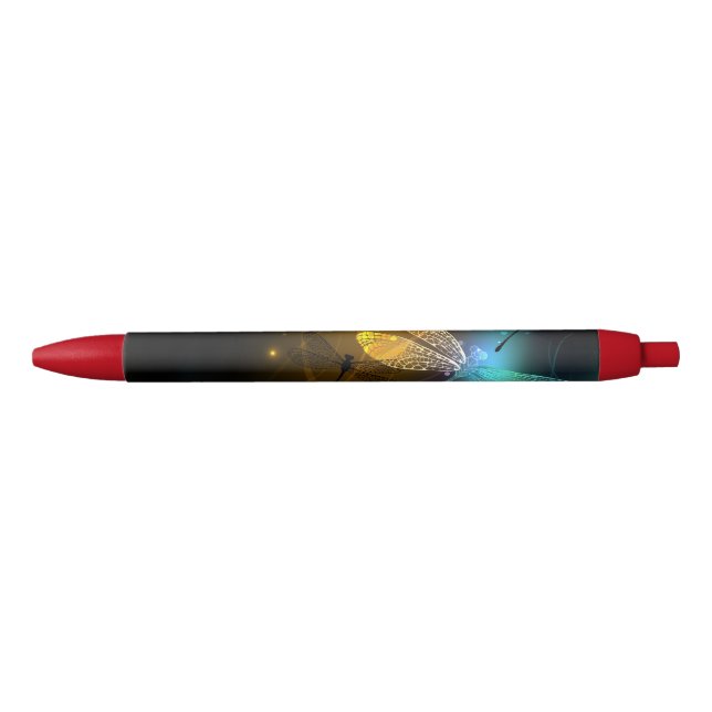 Caneta Preta Voo luminoso verde de libélula (Frente)