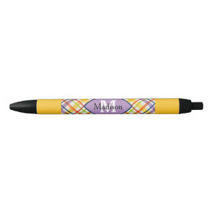Caneta Preta Xadrez Brilhante Monograma Roxo