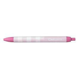 Caneta Preta Xadrez Gingham Rosa Pálido Nome Personalizado