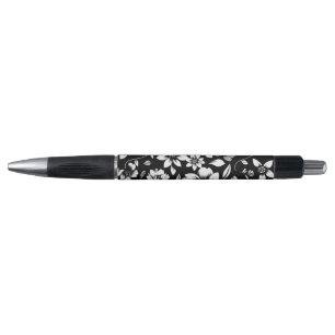 Caneta Preto Branco Folhas Florais Modernas Soprando