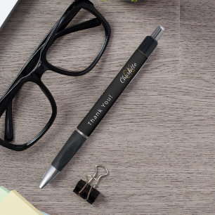 Caneta Preto branco monograma personalizado nome Obrigado