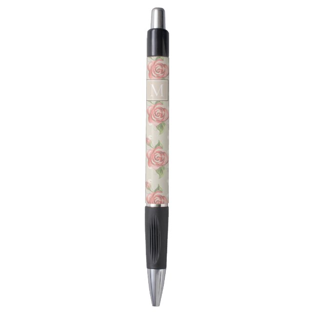 Caneta Pretty Pink Roses and Dots Monogram (Frente Vertical)