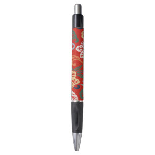 Caneta Quimono Japonês Floral Havaiano Vermelho Chinoiser