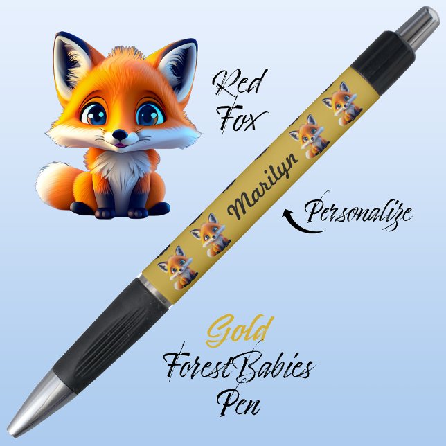 Caneta Raposa Vermelha, Dourada Colorida de Volta ao Mate (Cute Whimsical Red Fox Cartoon Graphic, gold Personalizable ForestBabies Pen 🦊)