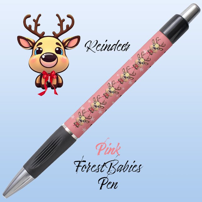 Caneta Rebelde Engraçada Engraçada Veado de Natal com 🦌  (Cute Whimsical Reindeer  Xmas Deer Doe Fawn Antler Animal Cartoon Graphic Pink ForestBabies Pen 🦌)