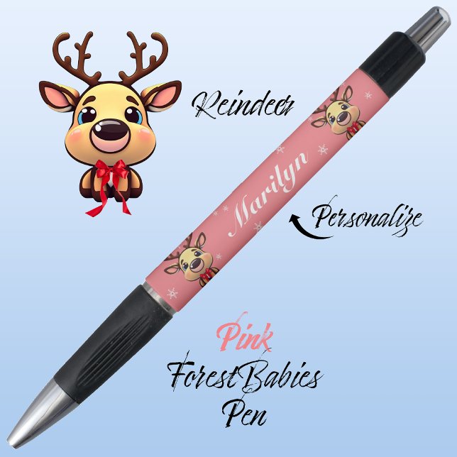 Caneta Rebelde Engraçada Engraçada Veado de Natal com 🦌  (Cute Whimsical Reindeer  Deer Antler Animal Cartoon Graphic, Pink Customizable ForestBabies Pen 🦌)