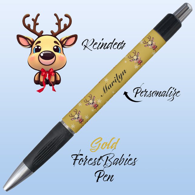 Caneta Reindeer Cute Engraçado, Xmas Deer com Anéis Doura (Cute Whimsical Reindeer  Deer Antlers Animal Cartoon Graphic, Gold Customizable ForestBabies Pen 🦌)
