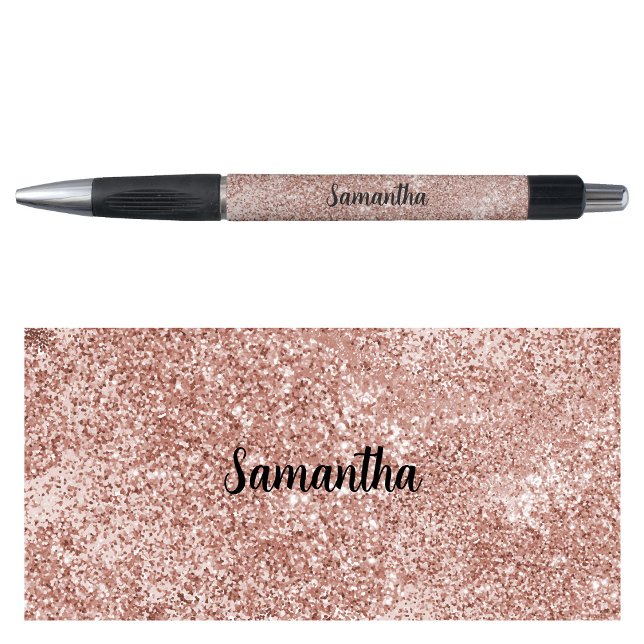 Caneta Rosa de Nome Personalizado Lente-Rosa Azul Dourada (Personalized Name Rose Gold Blush Pink Glitter Pen)