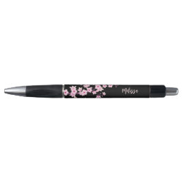 Caneta Rosa Flor de Cerejeira Monograma Preto
