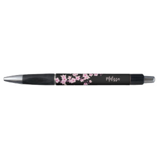 Caneta Rosa Flor de Cerejeira Monograma Preto