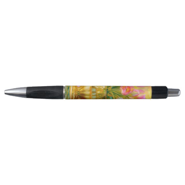 Caneta Tulipas Rosa Vibrante em Vaso Dourado (Frente)