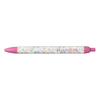Caneta Vermelha Floral Grandmillennial Rosa e Azul Personalizado