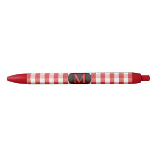 Caneta Vermelha Padrão Xadrez Vermelho Elegante com Monograma Pers