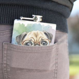 Cantil Adorável Pug em Aquarela com Óculos