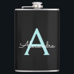 Cantil Aqua Teal Blue Script Girly Monographic Name<br><div class="desc">Azul-azul-marinho-preto e Monograma-preto e Frasco-inicial. Isto faz o doce e perfeito aniversário de 16 anos,  casamento,  chá de panela,  aniversário,  chá de fraldas ou festa de solteira presente para alguém que ama luxo de luxo e estilos quíticos.</div>