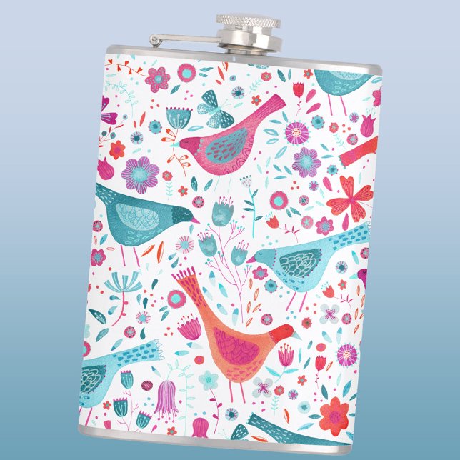 Cantil Aves Floral Watercolor (Watercolor birds and flowers art hip flask)