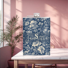 Cantil Azul Clássico Toile Floral Francesa Flores Vintage