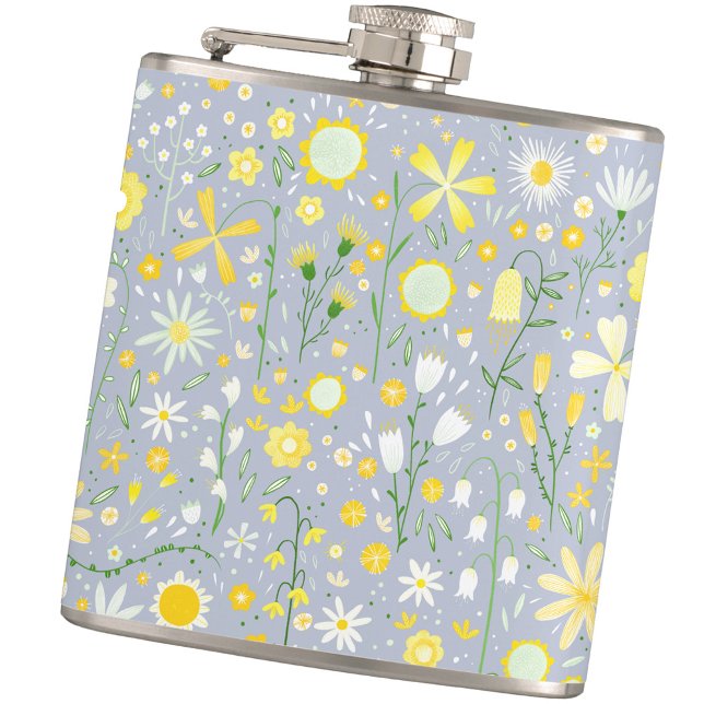 Cantil Azul Floral bonito (Floral pastel blue and yellow hip flask)