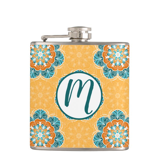 Cantil Azulejo Floral Mandala em Laranja e Teal (Frente)