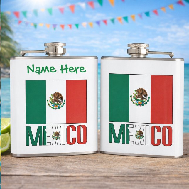 Cantil Bandeira Personalizada do México no Hip (Personalized flask with the Mexican Flag and MEXICO. Front can add a name above. Back just has flag )