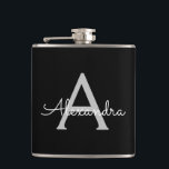 Cantil Black Silver Modern Script Girly Monographic Name<br><div class="desc">Monograma Prateado e Preto Adicione Seu Próprio Nome Fator Flask. Isto faz o doce e perfeito aniversário de 16 anos,  casamento,  chá de panela,  aniversário,  chá de fraldas ou festa de solteira presente para alguém que ama luxo de luxo e estilos quíticos.</div>