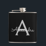 Cantil Black Silver Modern Script Girly Monographic Name<br><div class="desc">Monograma Prateado e Preto Adicione Seu Próprio Nome Fator Flask. Isto faz o doce e perfeito aniversário de 16 anos,  casamento,  chá de panela,  aniversário,  chá de fraldas ou festa de solteira presente para alguém que ama luxo de luxo e estilos quíticos.</div>