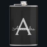 Cantil Black Silver Modern Script Girly Monographic Name<br><div class="desc">Nome do Monograma de Prata e Preto e Frasco do Partido Inicial. Isto faz o doce e perfeito aniversário de 16 anos,  casamento,  chá de panela,  aniversário,  chá de fraldas ou festa de solteira presente para alguém que ama luxo de luxo e estilos quíticos.</div>