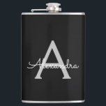 Cantil Black Silver Modern Script Girly Monographic Name<br><div class="desc">Nome do Monograma de Prata e Preto e Frasco do Partido Inicial. Isto faz o doce e perfeito aniversário de 16 anos,  casamento,  chá de panela,  aniversário,  chá de fraldas ou festa de solteira presente para alguém que ama luxo de luxo e estilos quíticos.</div>