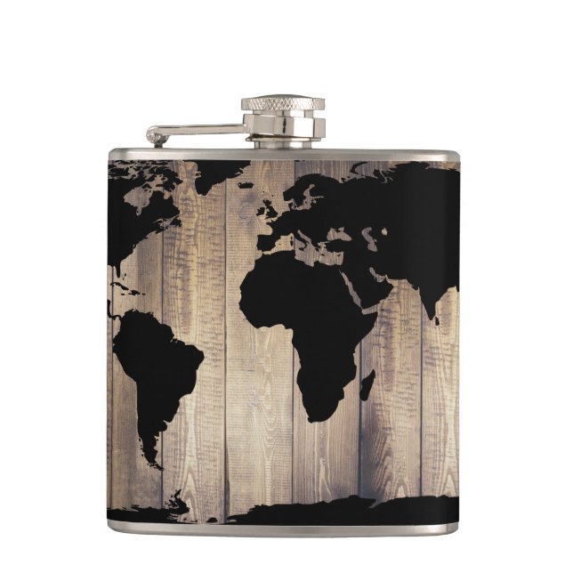 Cantil Black World Map Rustic Wood Planks (Frente)