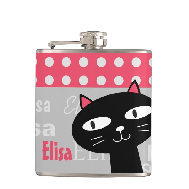 Cantil Bolinhas Rosa Gato Preto-Grito Adicionam Seu Nome (Frente)