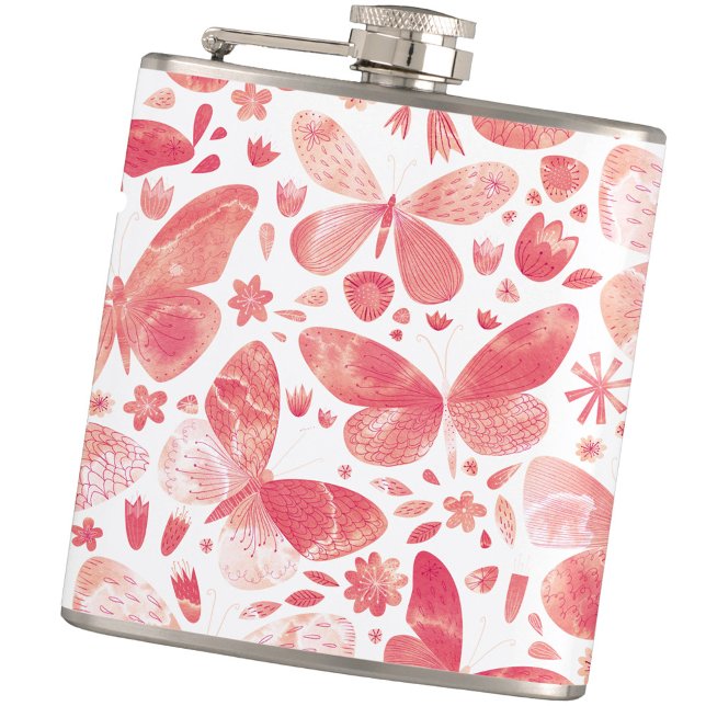 Cantil Borboleta Aquarela Rosa (Peach coral pink and white watercolor butterfly pattern hip flask)